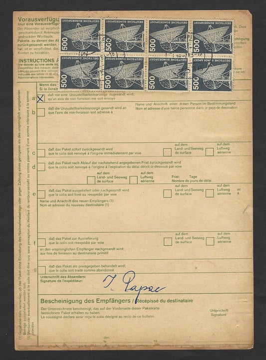 Germany 1975 500pf x 8 on MiF parcel card to India