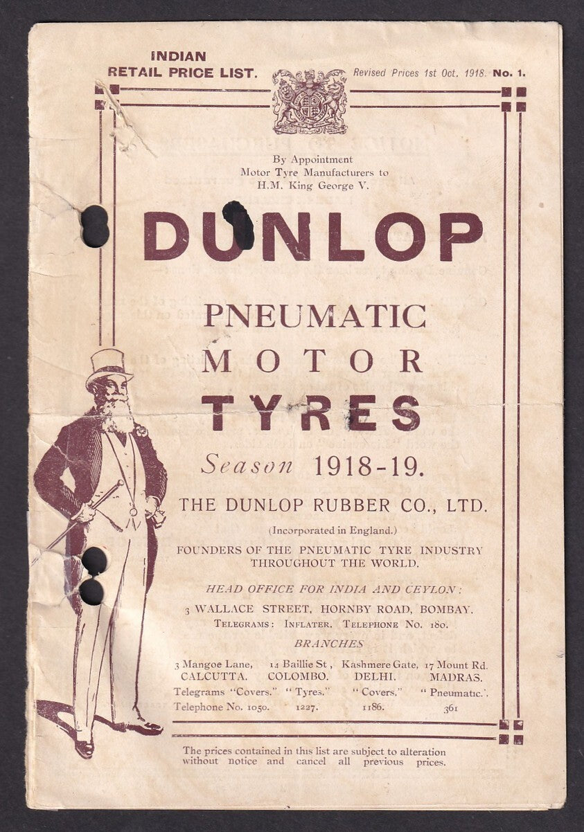 India Retail Price List DUNLOP PNEUMATIC MOTOR TYRES 1918-19