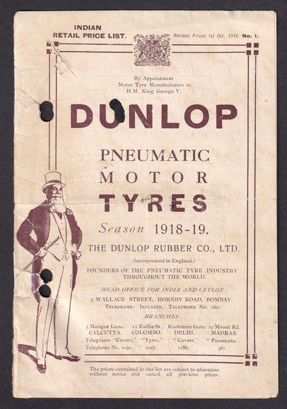 India Retail Price List DUNLOP PNEUMATIC MOTOR TYRES 1918-19