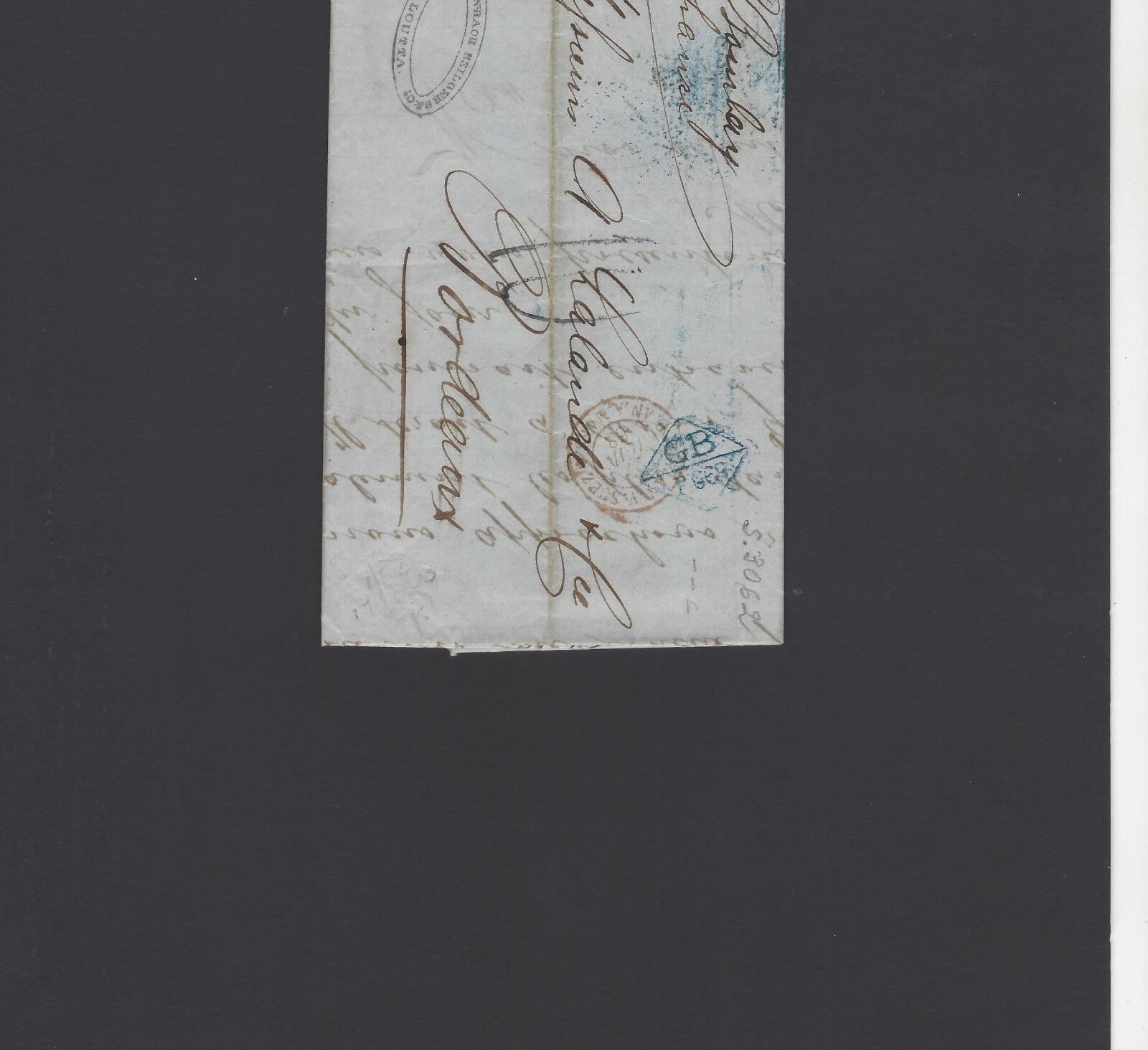 India 1868 stampless cal to France GB/LF 66c blue accountancy mark FA HEILGERS