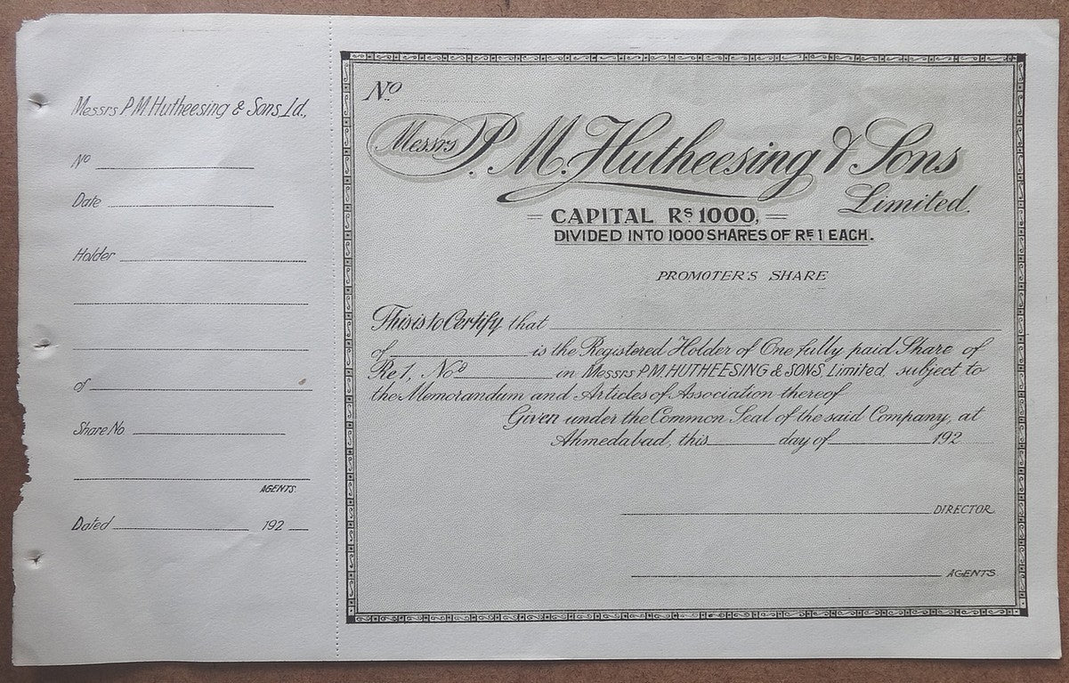 India P M Hutheesing & Sons 1920s unused share certificate
