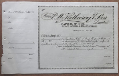 India P M Hutheesing & Sons 1920s unused share certificate