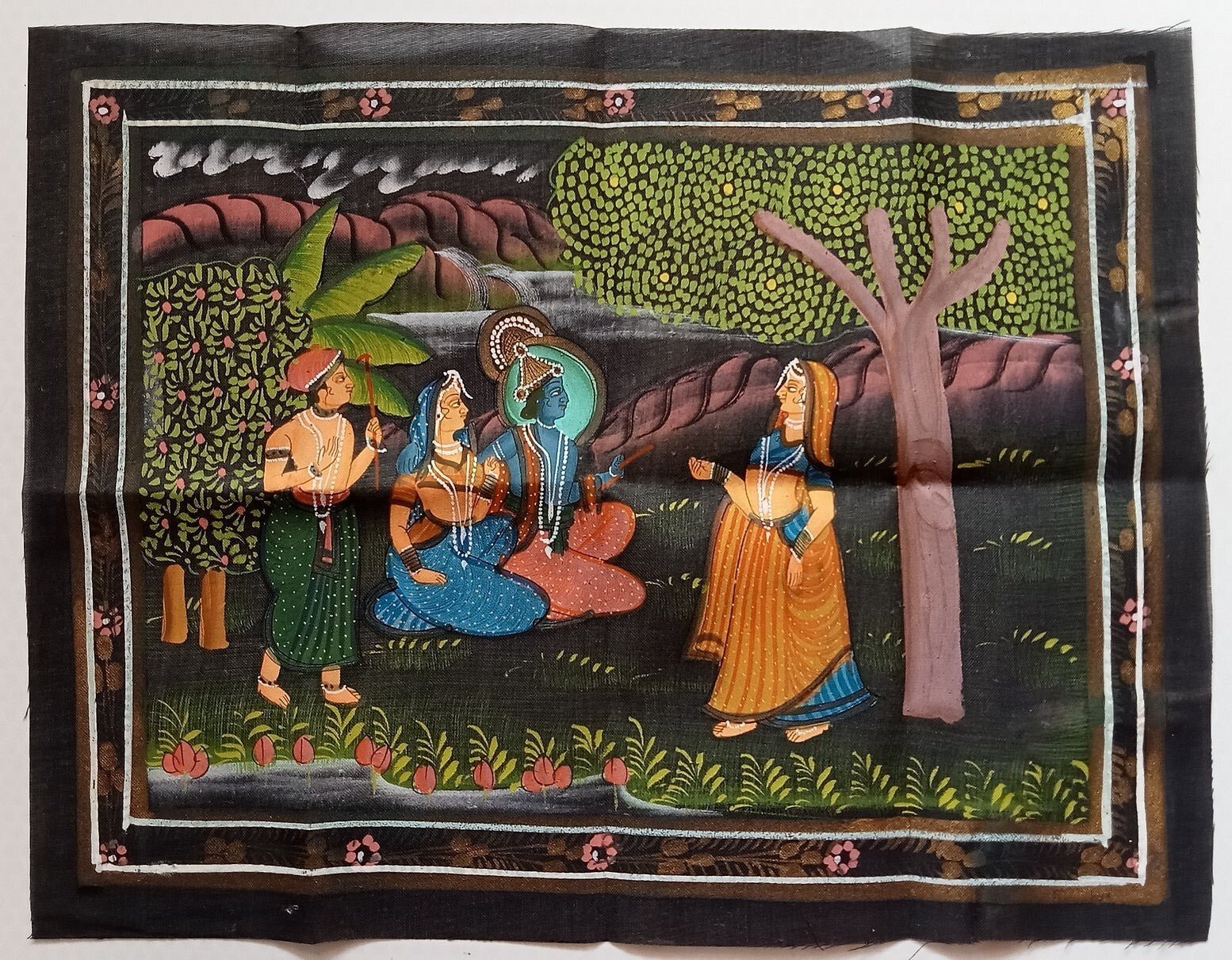 India vintage hand painting on cloth RADHA, KRISHNA & BALRAM 9 x 12 inches