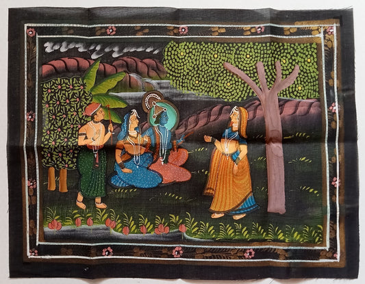 India vintage hand painting on cloth RADHA, KRISHNA & BALRAM 9 x 12 inches