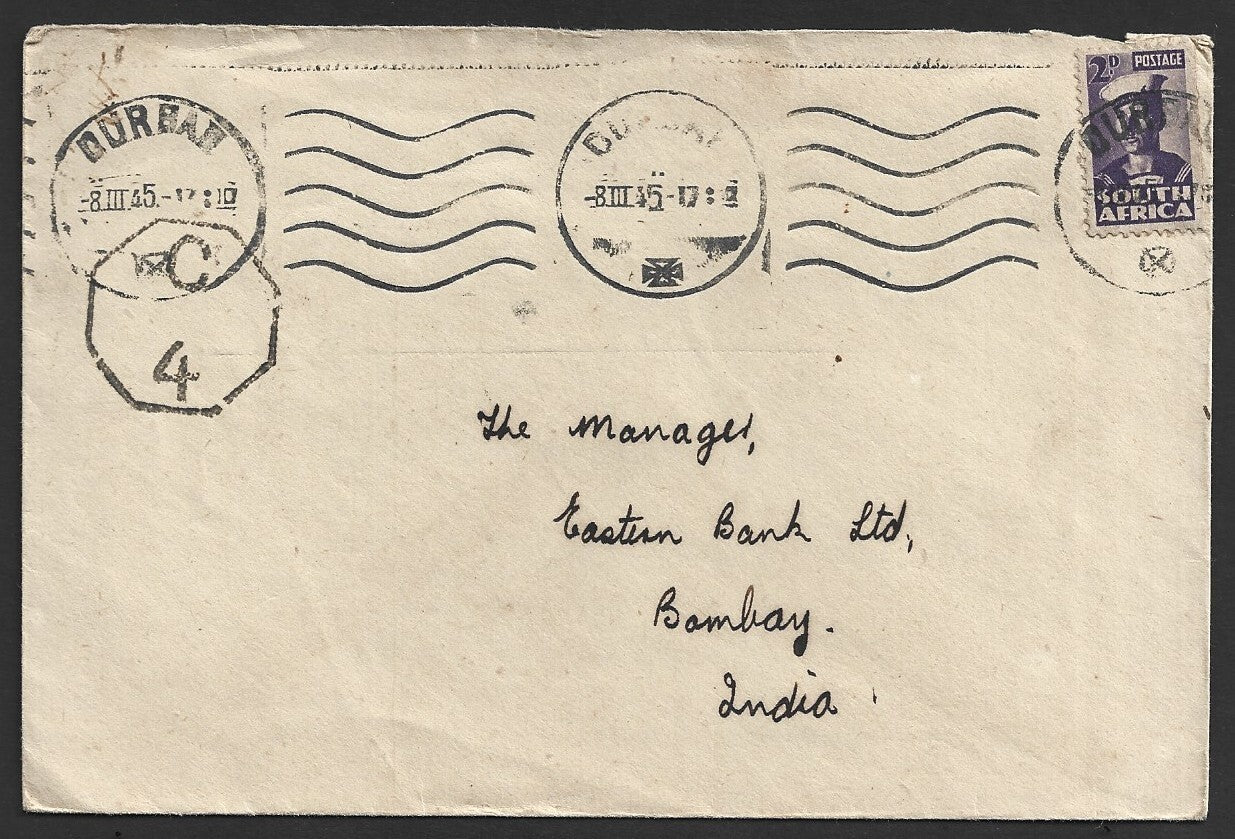 South Africa WW2 1945 censored cover to India