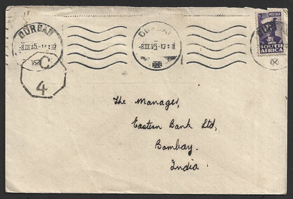 South Africa WW2 1945 censored cover to India