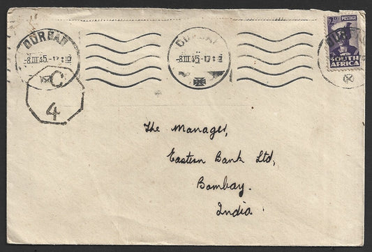 South Africa WW2 1945 censored cover to India