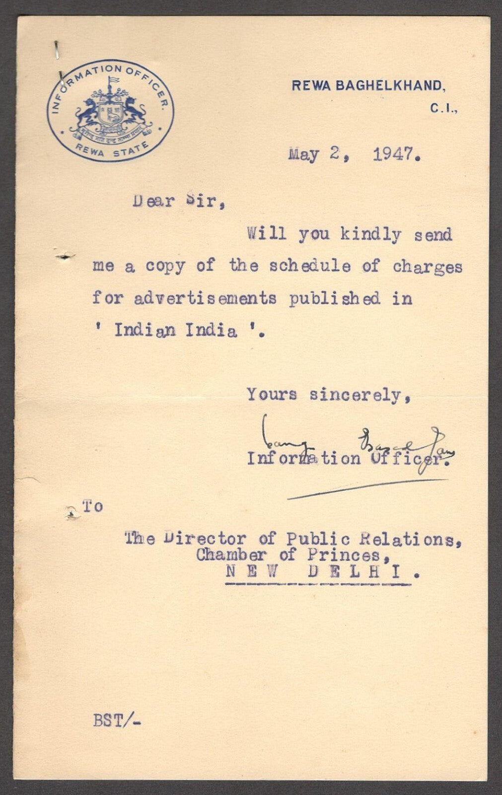 India 1947 crested letter INFORMATION OFFICER * REWA STATE signed