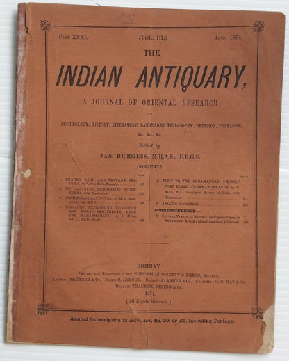 Indian Antiquary June 1874 #31 Journal of Oriental Research FRAGILE REPAIRED