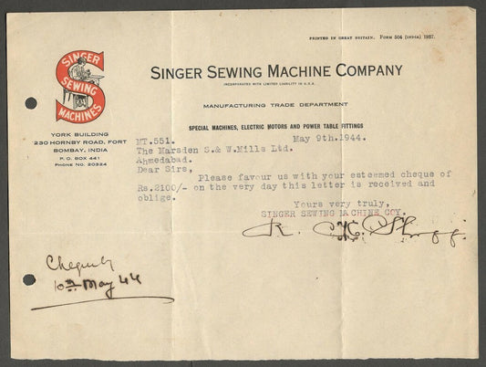AOP India 1944 illustrated letterhead SINGER SEWING MACHINE COMPANY Bombay