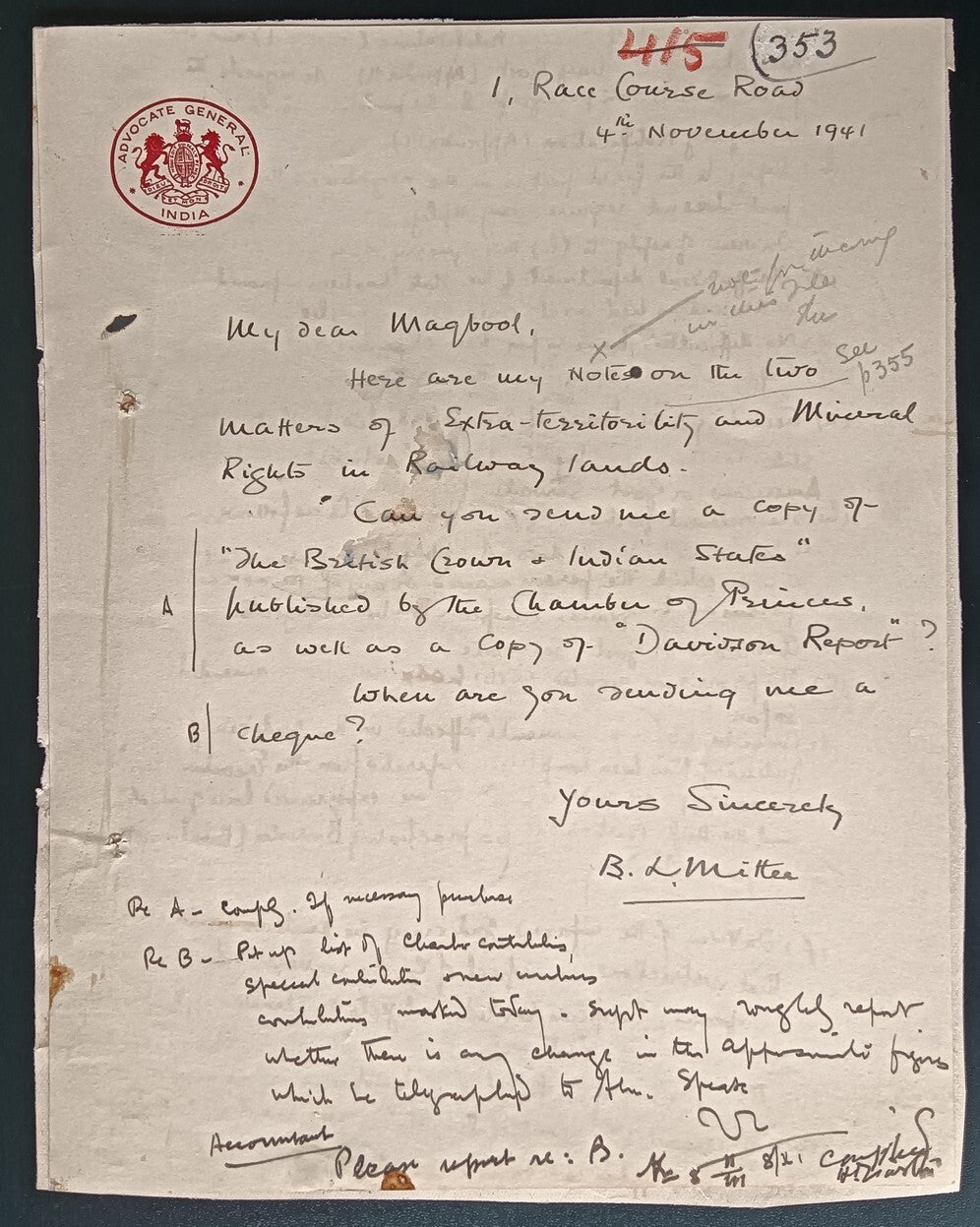 India 1941 crested letter ADVOCATE GENERAL / INDIA
