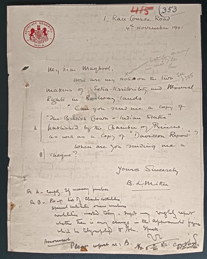 India 1941 crested letter ADVOCATE GENERAL / INDIA