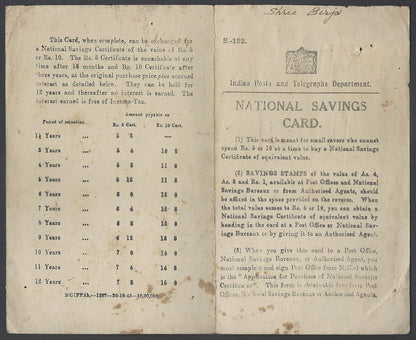 India National Savings card with 1947 NATIONAL SAVINGS INDIA stamps x 10