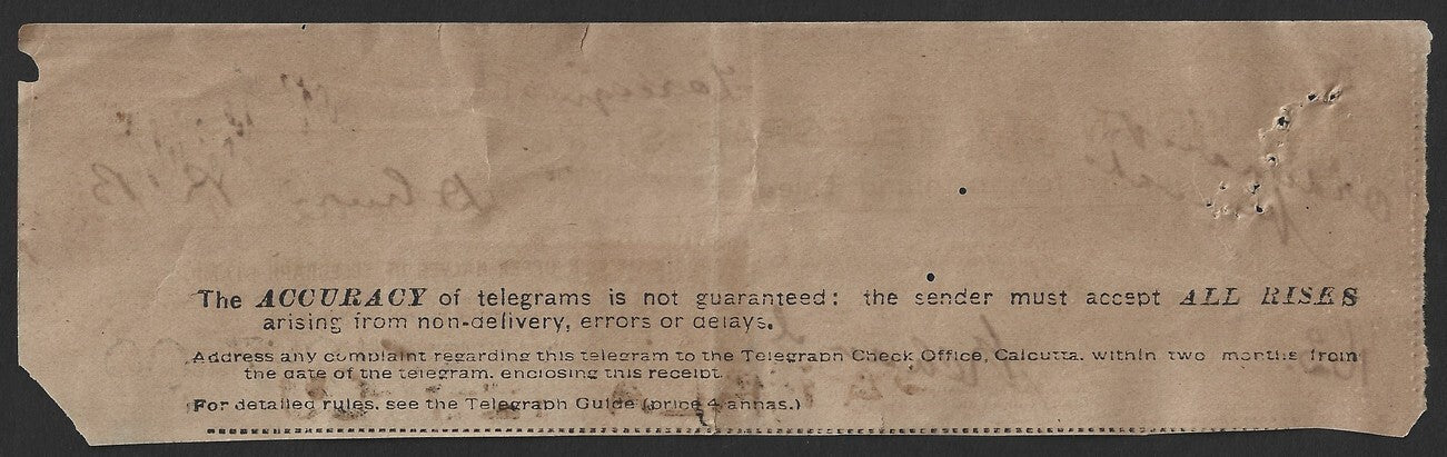 India 1900 Telegraph Telegram receipt with SERIF 2 RUPEES on 2R8a