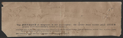 India 1900 Telegraph Telegram receipt with SERIF 2 RUPEES on 2R8a