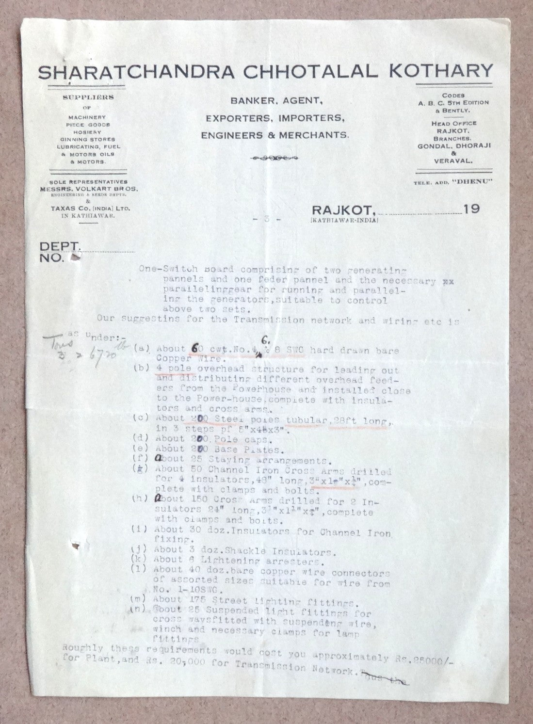 India 1930 Rajkot designs & letters re: introduction of Electric Street Lighting