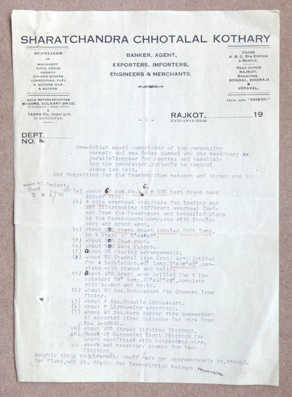 India 1930 Rajkot designs & letters re: introduction of Electric Street Lighting