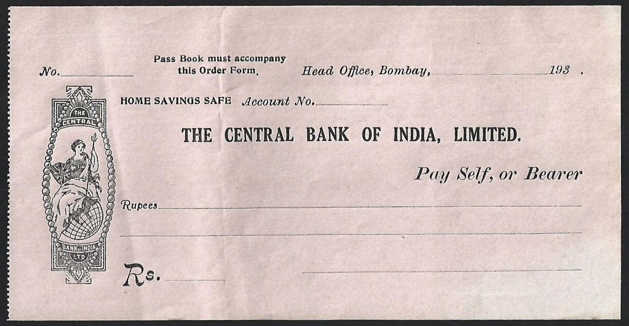 (AOP) India vintage check cheque - 1930s CENTRAL BANK OF INDIA