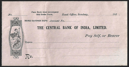 (AOP) India vintage check cheque - 1930s CENTRAL BANK OF INDIA