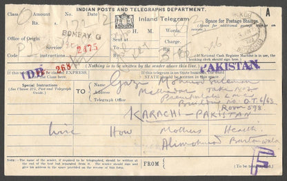 AOP India telegram wi postage stamps KGVI 1R and 2R & 1949 1a x 3