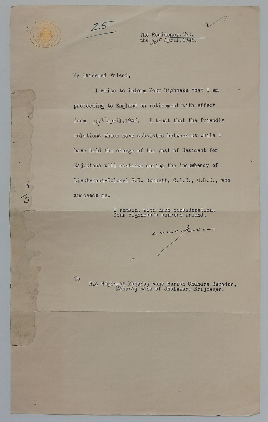 AOP India RAJPUTANA AGENCY gold crested lettersheet to Maharaja Jhalawar 1946