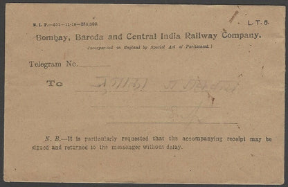India BB&CI Bombay Baroda & Central India Railway Co 1919 Telegraph envelope