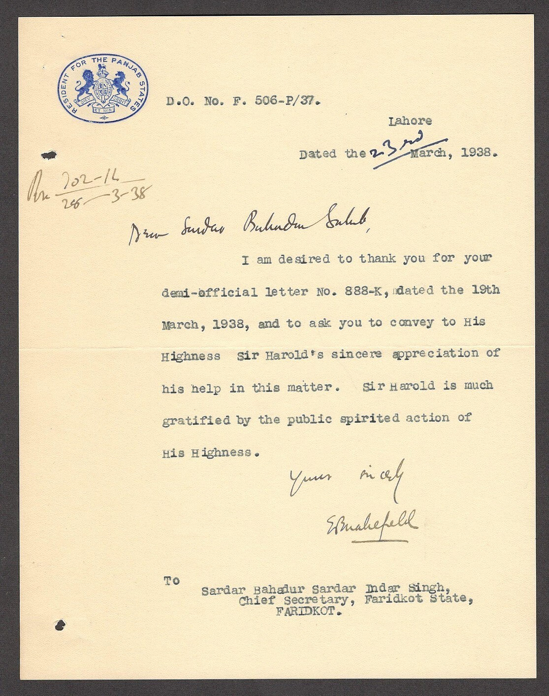 India RESIDENT FOR THE PUNJAB STATES 1938 crested letter signed