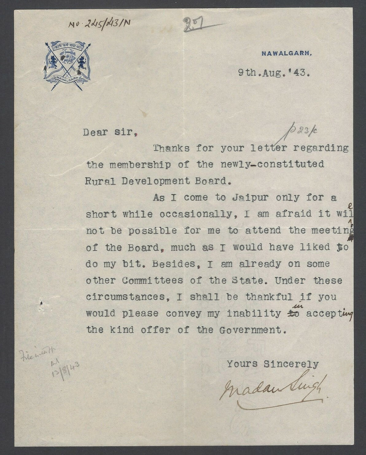 AOP India 1944 crested letter signed by the Ruler of Nawalgarh Rawal Madan Singh