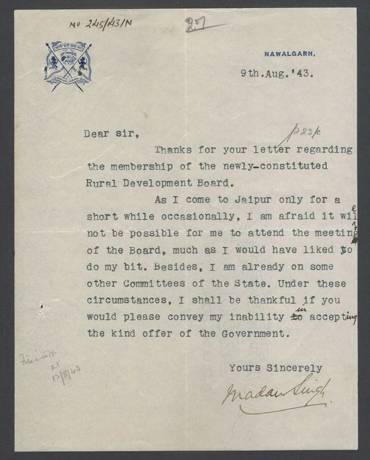 AOP India 1944 crested letter signed by the Ruler of Nawalgarh Rawal Madan Singh