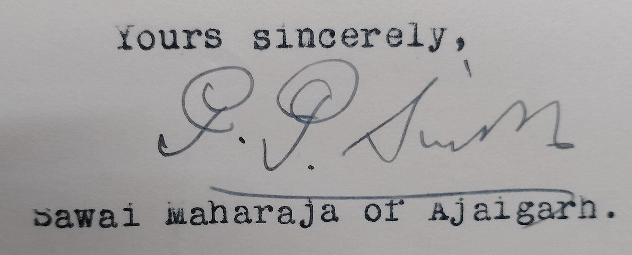 Ajaigarh State India 1943 crested letter signed Maharaja Punya Pratap Singh