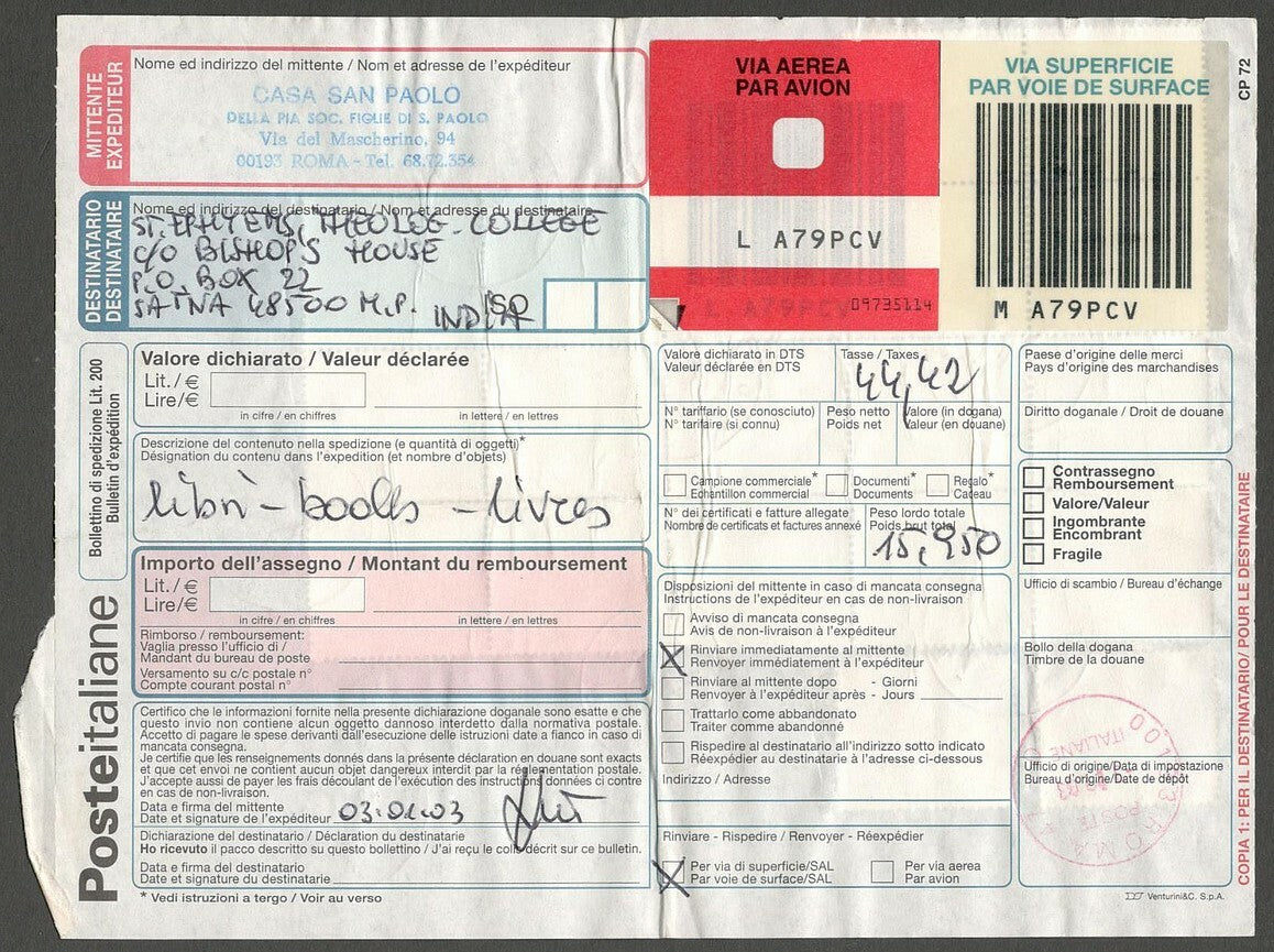 AOP Italy parcel card to India with 2002 numerals Є2.58 x 17 etc.
