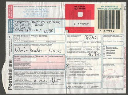 AOP Italy parcel card to India with 2002 numerals Є2.58 x 17 etc.
