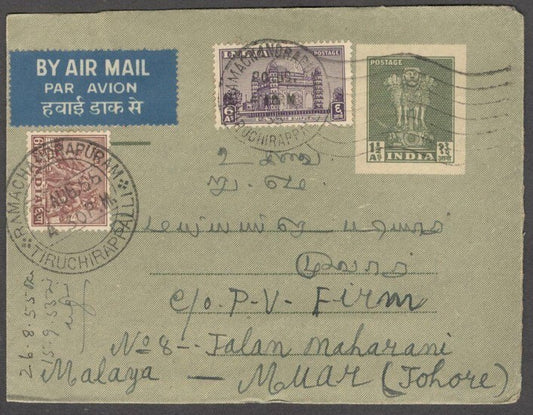 India 1 1/2a Inland Letter Card uprated 1949 6p & 6a to Malaya
