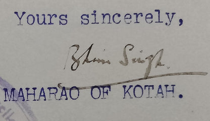Kotah State India 1942 crested letter signed Maharaja Bhim Singh II