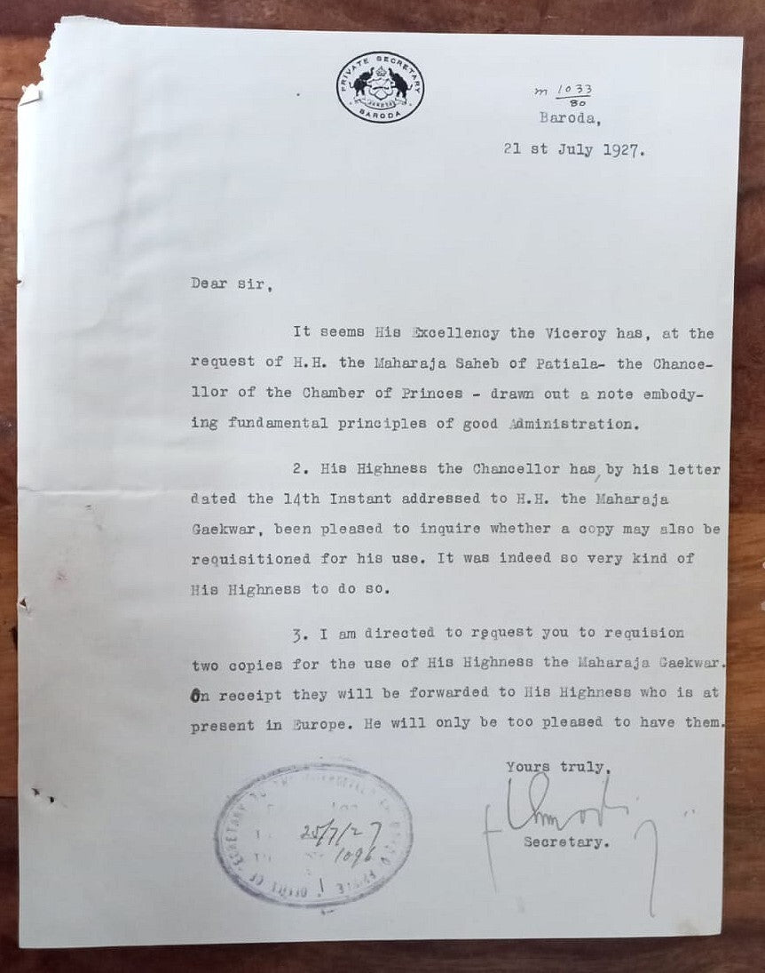 BARODA STATE PRIVATE SECRETARY signed crested letter 1927 India