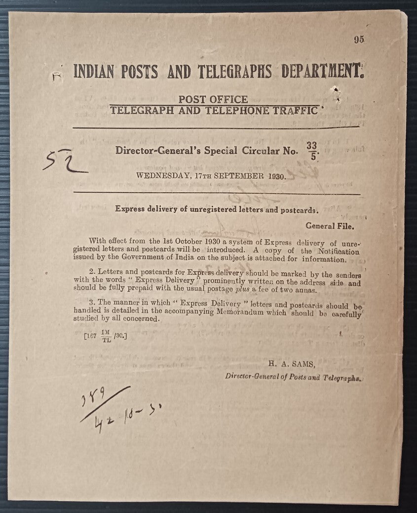 India POSTAL NOTICE 1930 Express delivery of Unregistered articles + CIRCULAR