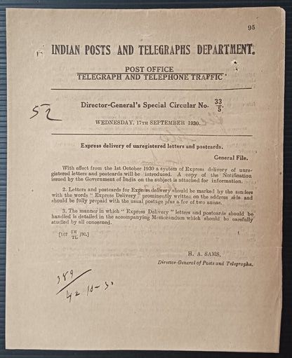 India POSTAL NOTICE 1930 Express delivery of Unregistered articles + CIRCULAR