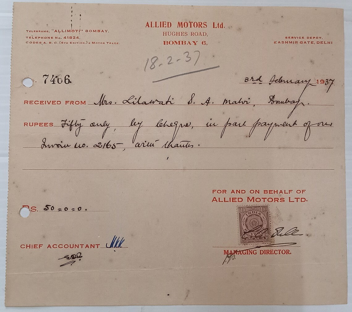 AOP India 1937 Allied Motors, Delhi receipt