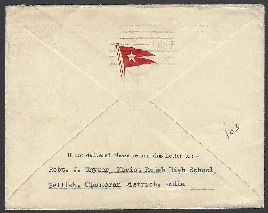 India 1934 cover from Khrist Raja School, Champaran canc. New York PAQUEBOT