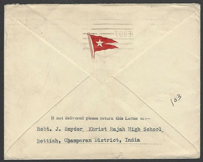 India 1934 cover from Khrist Raja School, Champaran canc. New York PAQUEBOT