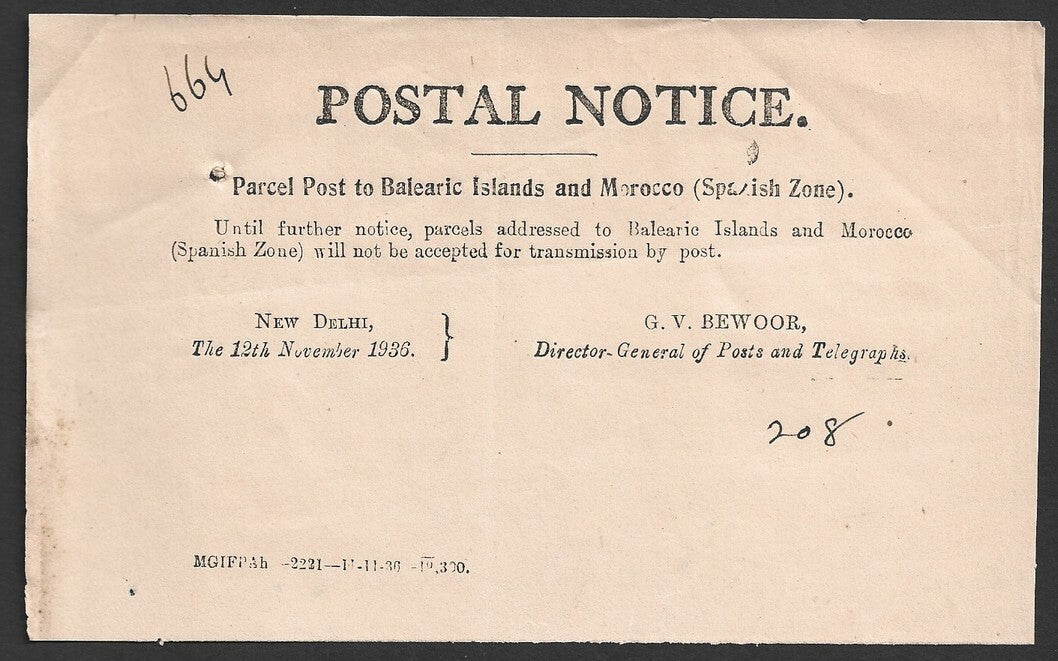 India POSTAL NOTICE 12th Nov.1936 Parcel Post to Belearic Islands & Morocco