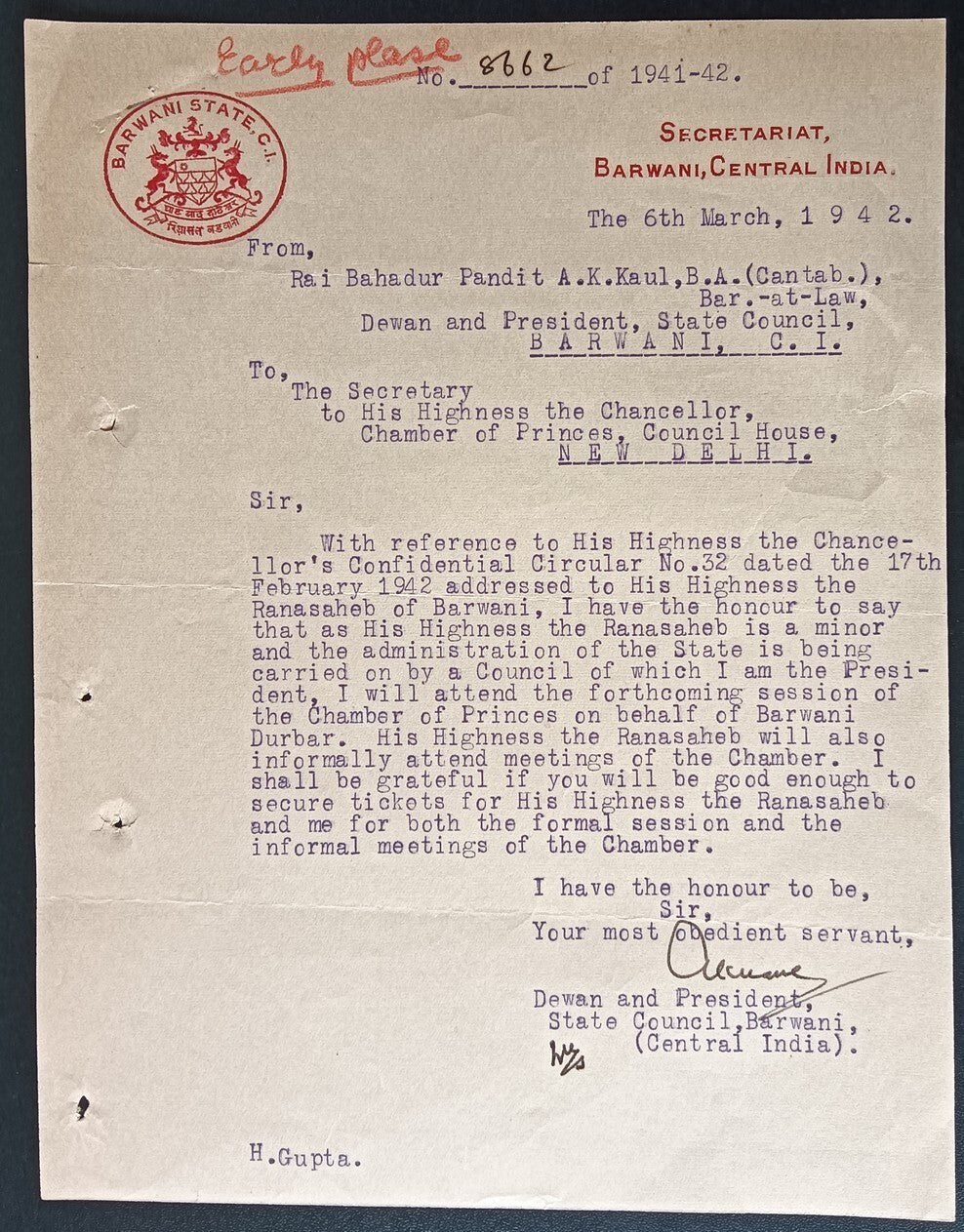 India 1931 crested letter BARWAN STATE signed by the Diwan