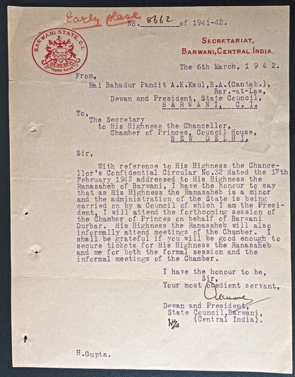 India 1931 crested letter BARWAN STATE signed by the Diwan