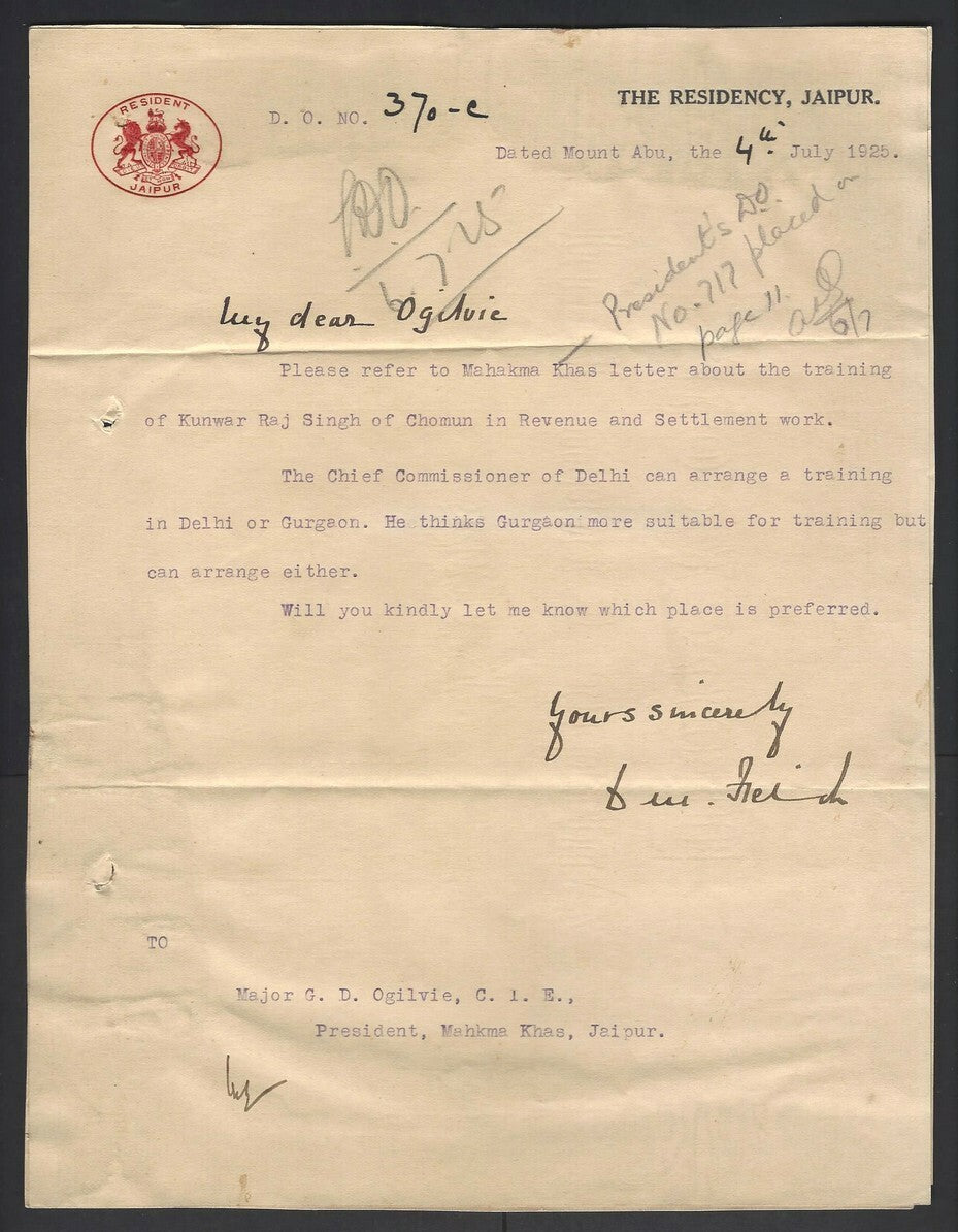 India 1925 signed crested letter RESIDENT JAIPUR