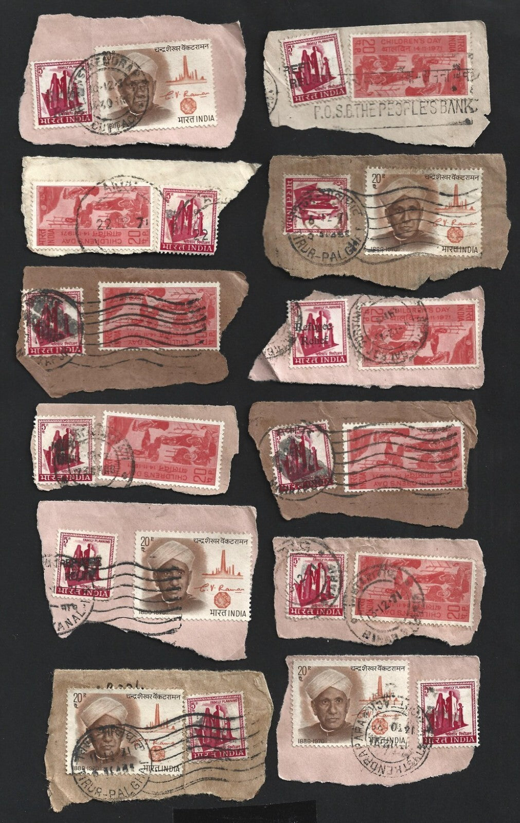 India 1971 Refugee Relief rubberstamp ovpts on pieces 19 pic LARGE COLLECTION