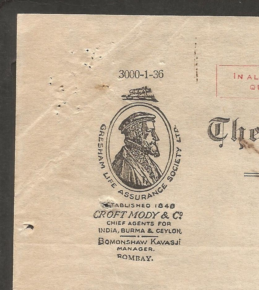 India 1936 illustrated letterhead GRESHAM LIFE ASSURANCE Ahmedabad