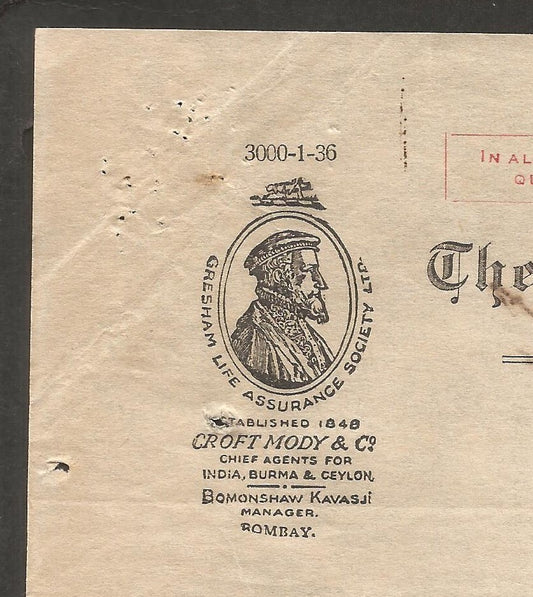 India 1936 illustrated letterhead GRESHAM LIFE ASSURANCE Ahmedabad