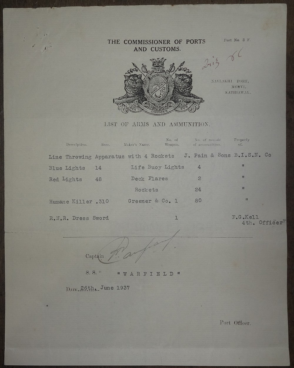 India Morvi State 1937 Navlakhi Port SS WARFIELD Arms List signed Captain