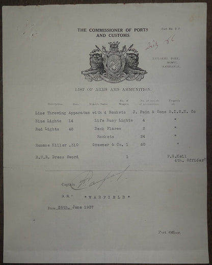 India Morvi State 1937 Navlakhi Port SS WARFIELD Arms List signed Captain