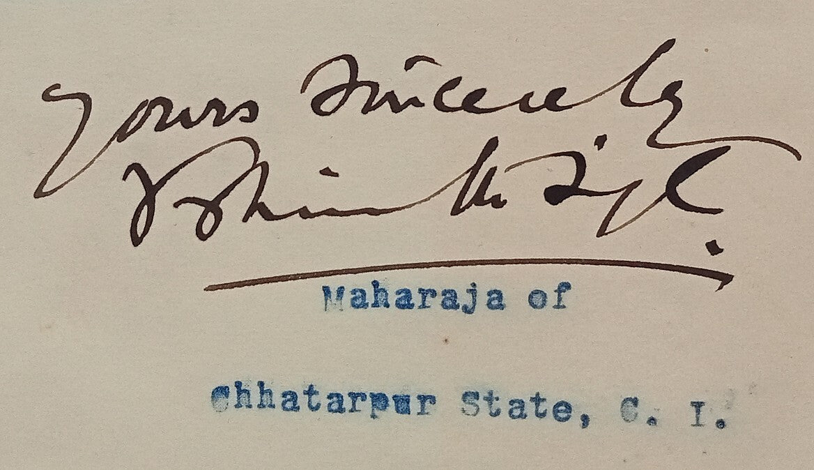 CHHATARPUR STATE India 1913 crested letter signed MAHARAJA Vishwanath Singh